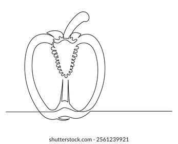 Continuous one line of sliced bell pepper isolated on white background. Simple silhouette of vegetable. Hand drawn bell pepper outline. Vector illustration