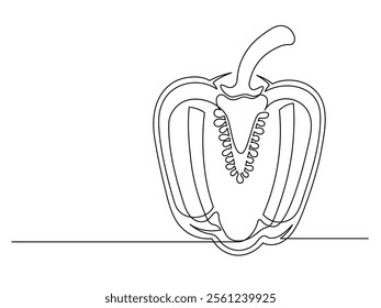 Continuous one line of sliced bell pepper isolated on white background. Simple silhouette of vegetable. Hand drawn bell pepper outline. Vector illustration