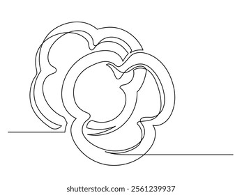 Continuous one line of sliced bell pepper isolated on white background. Simple silhouette of vegetable. Hand drawn bell pepper outline. Vector illustration