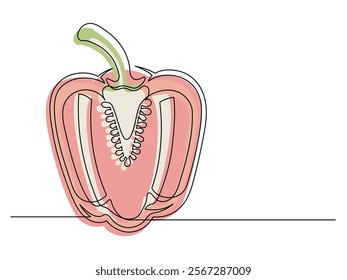 Continuous one line of sliced red bell pepper isolated on white background. Simple silhouette of vegetable. Hand drawn red bell pepper outline. Vector illustration