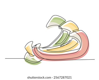 Continuous one line of sliced red, green and yellow bell peppers isolated on white background. Simple silhouette of vegetables. Hand drawn bell peppers outline. Vector illustration