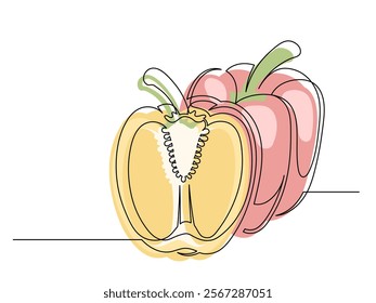 Continuous one line of sliced red and yellow bell peppers isolated on white background. Simple silhouette of vegetables. Hand drawn bell peppers outline. Vector illustration