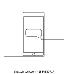 Continuous one line smartphone with a dialog box on the screen. Stock vector illustration.