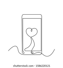Continuous one line smartphone with love heart on screen. Stock vector illustration.