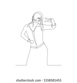 Continuous one line smiling pretty woman make a victory sign with hand. Vector illustration.