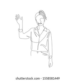 Continuous one line smiling woman waving hand. Vector illustration.