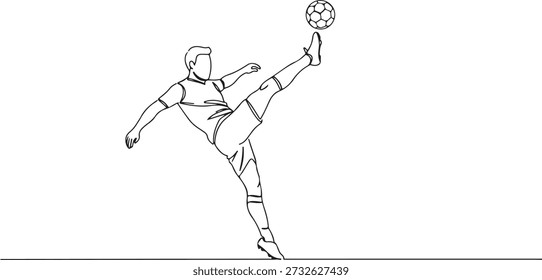 Kontinuierliche Linie eines Fußballspielers, der einen Ball mitten in die Luft tritt, Energie und Sport symbolisiert, gezeichnete Vektorgrafik.