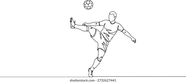 Kontinuierliche Linie eines Fußballspielers, der einen Ball mitten in die Luft tritt, Energie und Sport symbolisiert, gezeichnete Vektorgrafik.