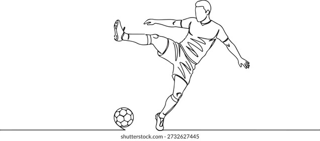 Uma linha contínua de um jogador de futebol chutando uma bola no ar, simbolizando energia e esporte, desenhado ilustração vetorial.