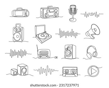 Ilustraciones continuas de sonido de una línea. Onda de sonido lineal, reproductores de audio y altavoces para el conjunto de vectores de escucha de música. Equipo para grabar melodía, escuchar. Megáfono, radio y auriculares