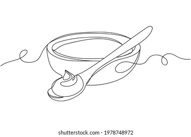 Continuous one line of sour cream in bowl and spoon in silhouette. Linear stylized.Minimalist.