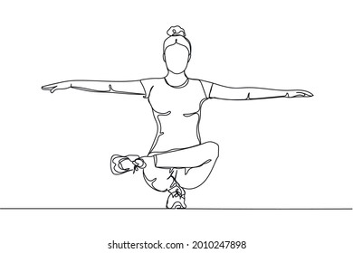 Continuous one line of sporty young woman doing yoga in silhouette on a white background. Linear stylized.Minimalist.