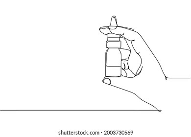 Una línea continua de pulverización para una nariz en mano en silueta sobre un fondo blanco. Linear estilizado.Minimalista.
