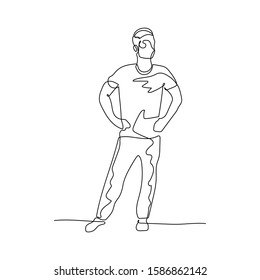 Continuous one line standing man with hands on hips. Stock vector illustration.