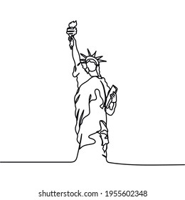 Continuous one line of statue of liberty symbol of freedom an democracy in silhouette. Minimal style. Perfect for cards, party invitations, posters, stickers, clothing. Black abstract icon.