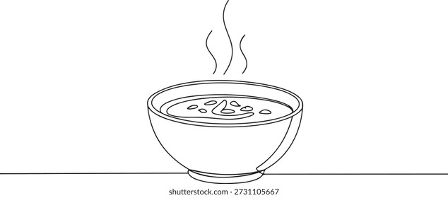 Continuous one line of a steaming bowl of soup, representing hot meals and cuisine, drawn vector illustration.