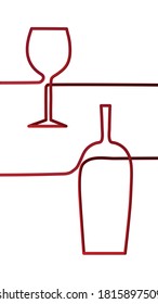 Continuous one line style 3D picture. Silhouettes of bordo wine botle and glass. Simple contour drawing.