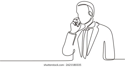 Continuous One Line Style Businessman Talking Phone. Communication Concept Minimalist Vector Art.