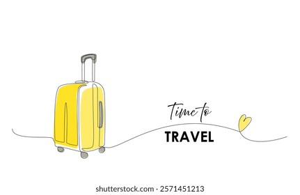 Continuous one line of suitcase with heart and lettering in linear art style. Single line drawing of yellow case, luggage bag with wheels isolated on white background Editable stroke vector object