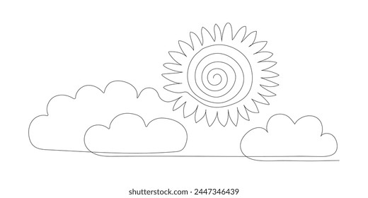 Continuous one line sun cloud art. Single line sketch sunny summer travel concept. Nature cloudy sky weather element, vector illustration