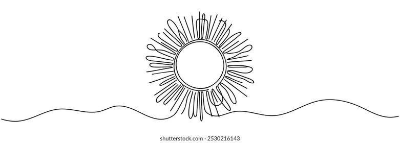 Continuous one line sun on white background, vector illustration