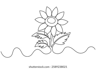 Continuous one line sunflower with black and white vector icon
