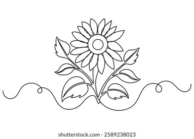 Continuous one line sunflower with black and white vector icon