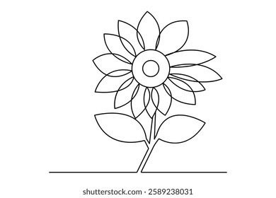 Continuous one line sunflower with black and white vector icon