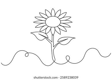 Continuous one line sunflower with black and white vector icon