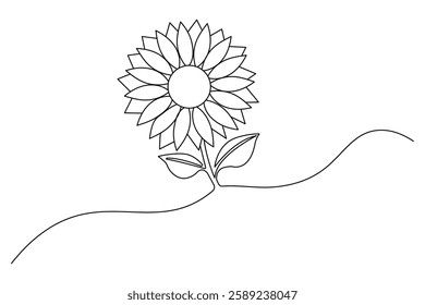 Continuous one line sunflower with black and white vector icon