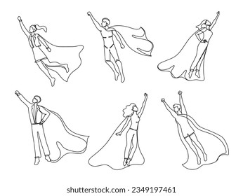 Continuous one line superhero. Man and woman fly with hero cape, super success employee and leader vector illustration set of super drawing business