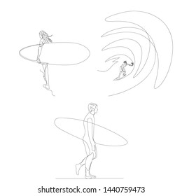 Continuous one line surfer set. Summer kind sport