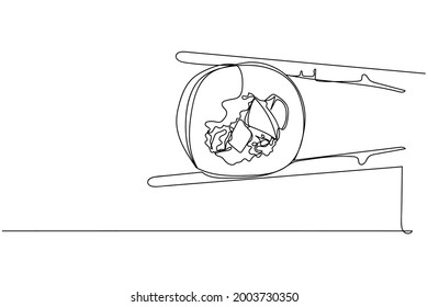 Continuous one line of sushi roll with chopsticks in silhouette on a white background. Linear stylized.Minimalist.