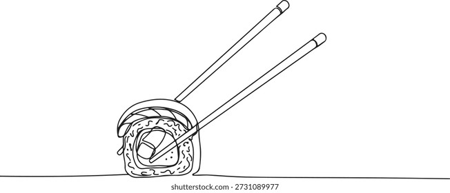 Continuous one line of a sushi roll with chopsticks, symbolizing Japanese cuisine, drawn vector illustration.