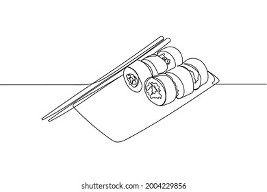 Continuous one line of sushi rolls in silhouette on a white background. Linear stylized.Minimalist.