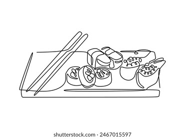 Continuous one line of sushi rolls with chopstick isolated on a white background. Linear stylized.Minimalist.