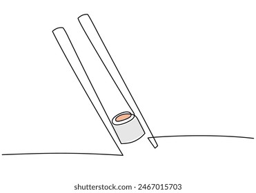 Continuous one line of sushi rolls with chopstick isolated on a white background. Linear stylized.Minimalist.