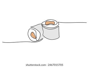 Continuous one line of sushi rolls isolated on a white background. Linear stylized Minimalist.