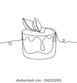 Continuous one line of sweet cake. Minimal style. Perfect for cards, party invitations, posters, stickers, clothing. Dessert concept