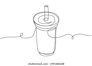 Continuous one line of takeaway drink cocktail  coffee or tea in silhouette on a white background. Linear stylized.Minimalist.