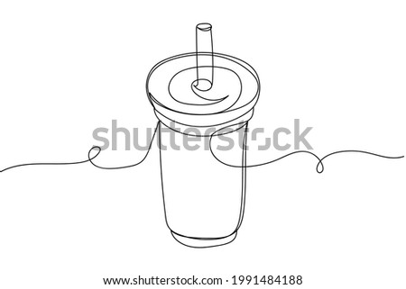 Continuous one line of takeaway drink cocktail  coffee or tea in silhouette on a white background. Linear stylized.Minimalist.