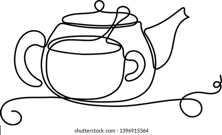 Continuous One Line Tea Party Icon - Flat Drawn Cafe Crockery Concept - Teapot and Cup Background
