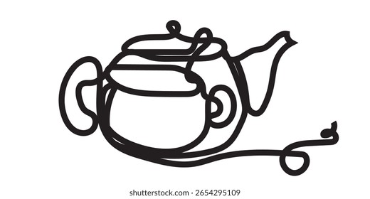 Continuous One Line Tea Party Icon - Flat Drawn Cafe Crockery Concept - Teapot and Cup Background
