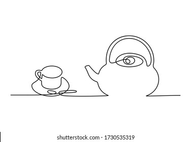 Continuous one line teapot with cup and plate. Hand drawing art breakfast theme with linear tea set for logo. Simple sketch design. Vector illustration isolated on white background