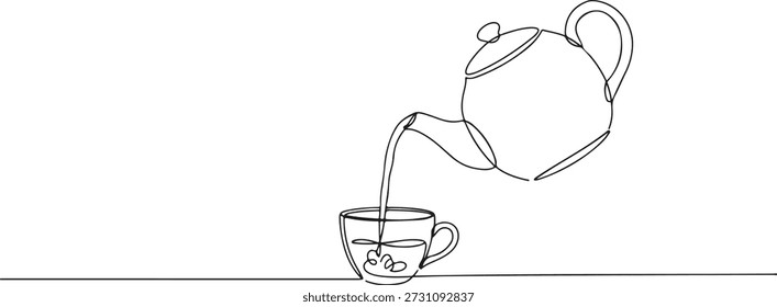 Continuous one line of a teapot pouring tea, symbolizing beverage preparation, drawn vector illustration.