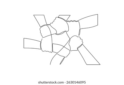 Continuous one line of three human hands holding each other, People unite their hands together continuous line drawing isolated background for Teamwork concept.