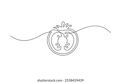 Continuous one line tomato for grocery store, Tomato in continuous line art drawing style. Ripe tomato fruit black linear sketch isolated, Single one line drawing half sliced healthy organic tomato.