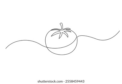 Continuous one line tomato for grocery store, Tomato in continuous line art drawing style. Ripe tomato fruit black linear sketch isolated, Single one line drawing half sliced healthy organic tomato.