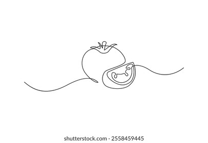 Continuous one line tomato for grocery store, Tomato in continuous line art drawing style. Ripe tomato fruit black linear sketch isolated, Single one line drawing half sliced healthy organic tomato.