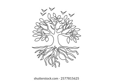 Continuous one line tree roost with black and white vector icon